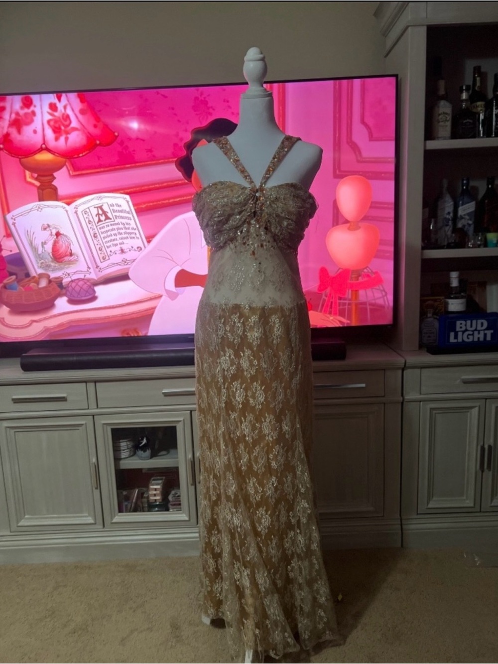 Gold Lace Beaded Evening Gown